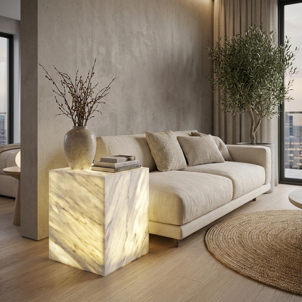 Prosvícený mramorový konferenční stolek z bílého mramoru Bianco Carrara Extra