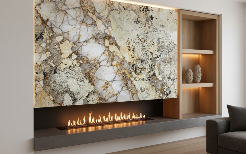 Obklad krbu z přírodního kvarcitu Patagonia v bookmatch kresbě