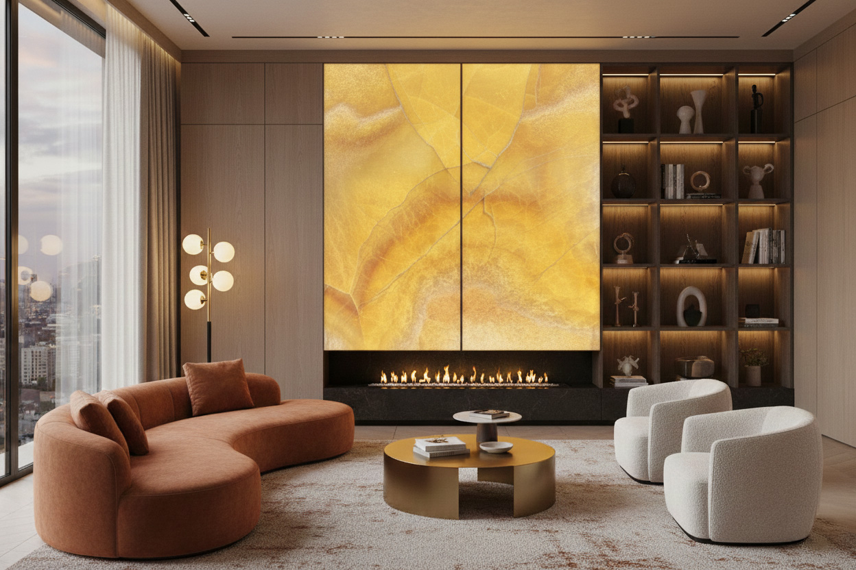 Podsvícený obklad krbu z onyxu Onice Gioiello