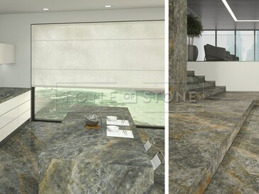 Kamenná kuchyňská deska a kamenný obklad schodů z přírodního kamene Quartzite Sky v šedé barvě Kamenná kuchyňská deska a kamenný obklad schodů z přírodního kamene Quartzite Sky v šedé barvě