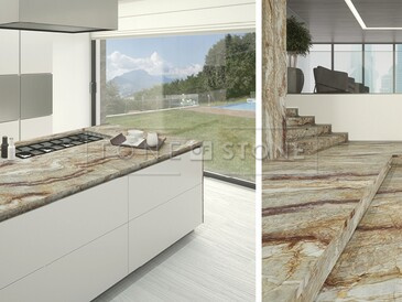 Vizualizace kuchyňské desky a obkladu z kvarcitu Nacarado Vizualizace kuchyňské desky a obkladu z kvarcitu Nacarado