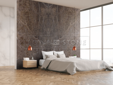 Vizualizace obkladu stěny přírodním kamenem Emperador Brown technikou bookmatch Vizualizace obkladu stěny přírodním kamenem Emperador Brown technikou bookmatch