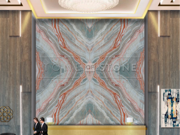 Onice Van Gogh je exkluzivní poloprůsvitný onyx, který je vhodný pro podsvícené stěny, desky stolů nebo výrobu šperků z přírodního kamene. Vizualizace velkoformátové podsvícené stěny. Zakázkové kamenictví TONE OF STONE.