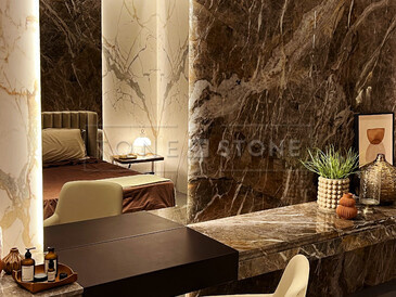 Designová ložnice v zemitých tónech s použitím mramoru Emperador Brown. Zakázkové kamenictví TONE OF STONE Designová ložnice v zemitých tónech s použitím mramoru Emperador Brown. Zakázkové kamenictví TONE OF STONE