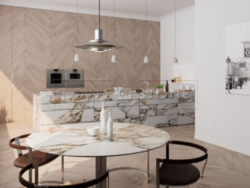 Vizualizace mramorového stolu a mramorového kuchyňského ostrůvku z přírodního kamene Calacatta Vagli Oro Vizualizace mramorového stolu a mramorového kuchyňského ostrůvku z přírodního kamene Calacatta Vagli Oro