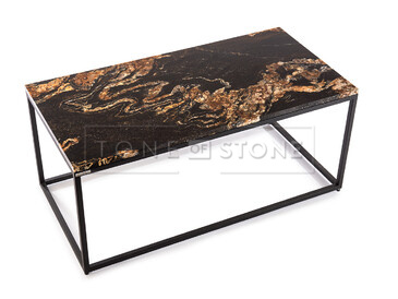 Konferenční stolek z přírodního kamene Black Fusion, černý lak konstrukce. Zakázkové kamenictví TONE OF STONE.