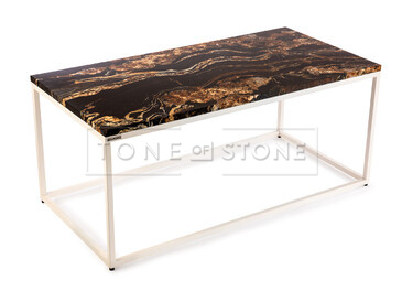 Konferenční stolek z přírodního kamene Black Fusion, bílá konstrukce. Zakázkové kamenictví TONE OF STONE.