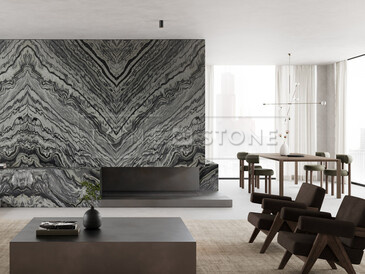 Designový obklad stěny šedým mramorem Silver Wave. Zakázkové kamenictví TONE OF STONE. Designový obklad stěny šedým mramorem Silver Wave. Zakázkové kamenictví TONE OF STONE.
