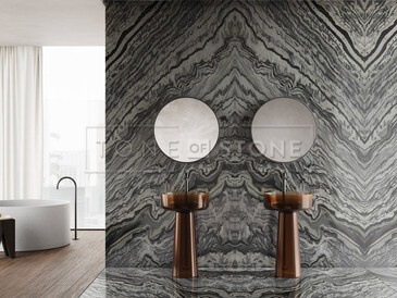 Obklad stěny přírodním mramorem Silver Wave technikou bookmatch. Zakázkové kamenictví TONE OF STONE.