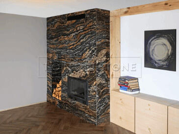 Obklad krbu ze žuly Magma Black. Zakázková výroba kamenictví TONE OF STONE.