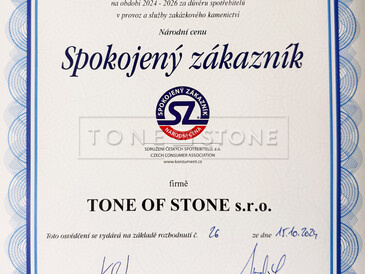 Národní cena Spokojený zákazník pro zakázkové kamenictví TONE OF STONE. Národní cena Spokojený zákazník pro zakázkové kamenictví TONE OF STONE.