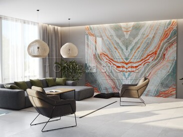 Vizualizace přírodního onyxu Onice Van Gogh v interiéru při denním světle. Vizualizace přírodního onyxu Onice Van Gogh v interiéru při denním světle.