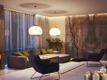 Obklad stěny a obklad krbu luxusním mramorem Eldorado pomocí techniky bookmatch Obklad stěny a obklad krbu luxusním mramorem Eldorado pomocí techniky bookmatch