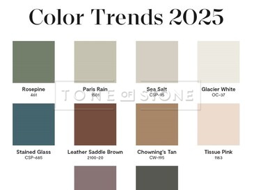 Barevné trendy roku 2025 pro interiérový design dle firmy Benjamin Moore.