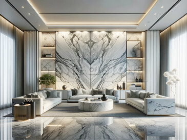 Inspirace - obklad stěny s použitím techniky bookmatch - přírodní kámen Calacatta.