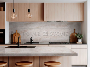 Kvarcit Taj Mahal v kuchyni vyniká svou krémovou barvou a jemnou strukturou, která harmonicky ladí s dřevěnými prvky. Zakázkové kamenictví TONE OF STONE.