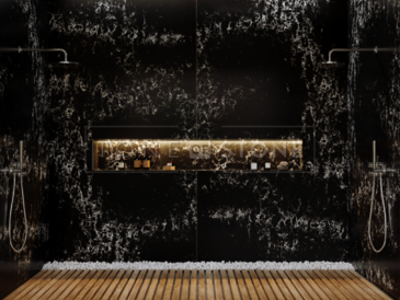 Luxusní obklad koupelny z umělého kamene Technistone Pearl Delta. Luxusní obklad koupelny z umělého kamene Technistone Pearl Delta.