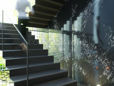 Obklad stěny schodiště černým umělým kamenem Technistone Pearl Delta.