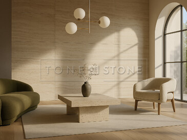 Elegantní obývací pokoj s obkladem stěn travertinem Travertino Romano Classico. Elegantní obývací pokoj s obkladem stěn travertinem Travertino Romano Classico.