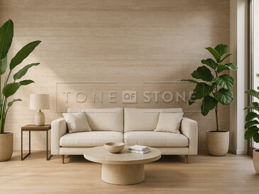 Minimalistický obývací pokoj v přírodním stylu doplněný o rustikální kámen Travertino Romano Classico. Minimalistický obývací pokoj v přírodním stylu doplněný o rustikální kámen Travertino Romano Classico.