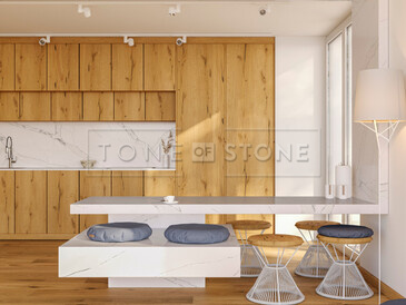 Kuchyně s pracovní deskou, ostrůvkem a obkladem stěny z umělého kamene Technistone Calacatta Serchio Kuchyně s pracovní deskou, ostrůvkem a obkladem stěny z umělého kamene Technistone Calacatta Serchio