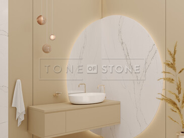 Návrh designového obkladu koupelny z kamene Technistone Calacatta Serchio 