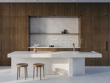 Kuchyně s kamennou deskou a ostrůvkem z kamene Technistone Country Rose