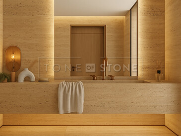 Obložení koupelny přírodním travertinem - práce na zakázku, kamenictví TONE OF STONE.