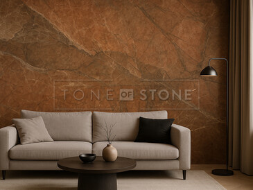 Vizualizace kamenného obkladu stěny ze žuly Brown Chocolate se zemitými odstíny a jemným žilkováním Vizualizace kamenného obkladu stěny ze žuly Brown Chocolate se zemitými odstíny a jemným žilkováním