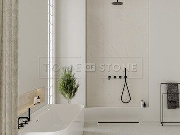 Bílý obklad stěny koupleny z umělého kamene Technistone Mistral White