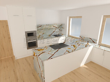 Grafický návrh kuchyně s pracovní deskou z kvarcitu Blue Roma