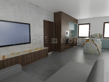 Návrh interiéru kuchyně a obývacího pokoje s použitím přírodního kamene Blue Roma a ořechového dřeva Návrh interiéru kuchyně a obývacího pokoje s použitím přírodního kamene Blue Roma a ořechového dřeva