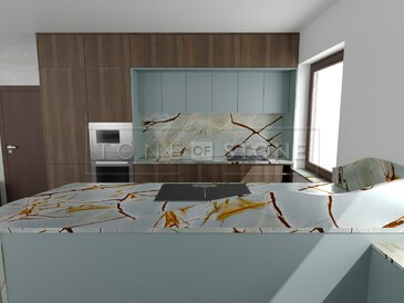 Grafický návrh moderní kuchyně s kamennou kuchyňskou deskou z kvarcitu Blue Roma Grafický návrh moderní kuchyně s kamennou kuchyňskou deskou z kvarcitu Blue Roma