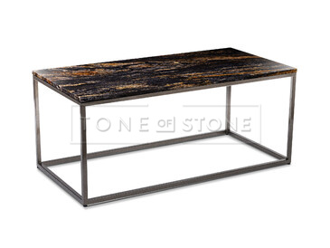 Exkluzivní konferenční stolek z přírodního kamene, ruční výroba, brazilská žula MAGMA BLACK, ocelová podnož se zlatým metalickým lakováním TONE OF STONE