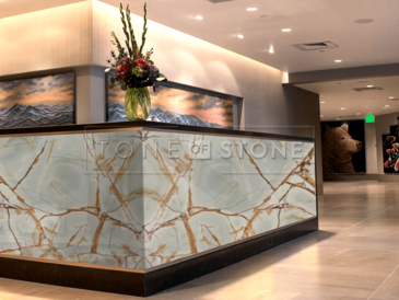 Recepce z kvarcitu BLUE ROMA, vizualizace. Kamenictví TONE OF STONE. Recepce z kvarcitu BLUE ROMA, vizualizace. Kamenictví TONE OF STONE.