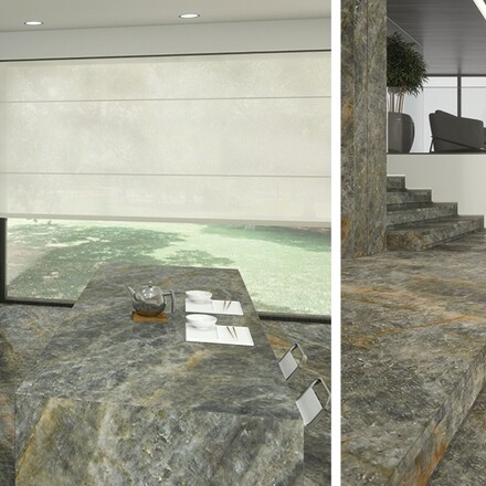 Kamenná kuchyňská deska a kamenný obklad schodů z přírodního kamene Quartzite Sky v šedé barvě