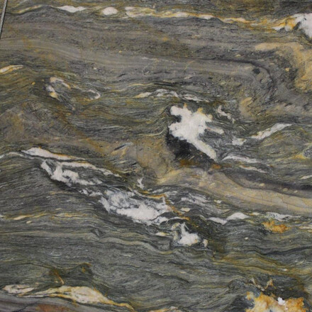 Brazilsk&yacute; kvarcit Santorini s dramatickou  kresbou s modr&yacute;mi, &scaron;ed&yacute;mi a zlat&yacute;mi t&oacute;ny, vhodn&yacute; pro luxusn&iacute; kuchyňsk&eacute; pracovn&iacute; desky