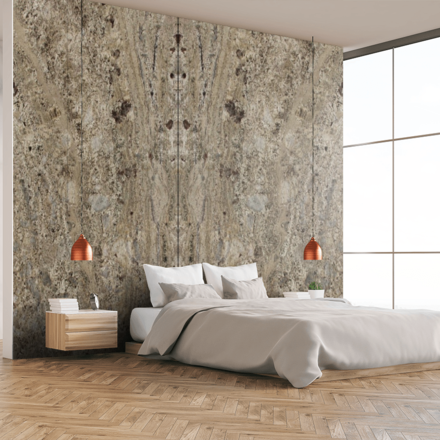 Žula COLONIAL PERSA, velmi univerzální přírodní kámen původem z Brazílie. Vizualizace sesazení velkoformátového kamene tzv. "do knihy".   