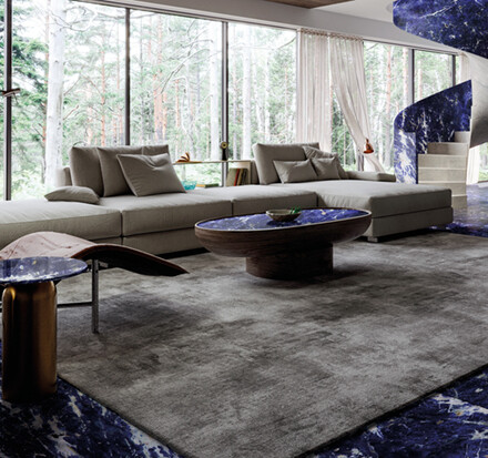 Exkluzivn&iacute; žula SODALITE z Braz&iacute;lie, uk&aacute;zka použit&iacute; v interi&eacute;ru - velkoform&aacute;tov&aacute; dlažba, obložen&iacute; schodi&scaron;tě, disignov&yacute; stolek, zak&aacute;zkov&aacute; v&yacute;roba. 