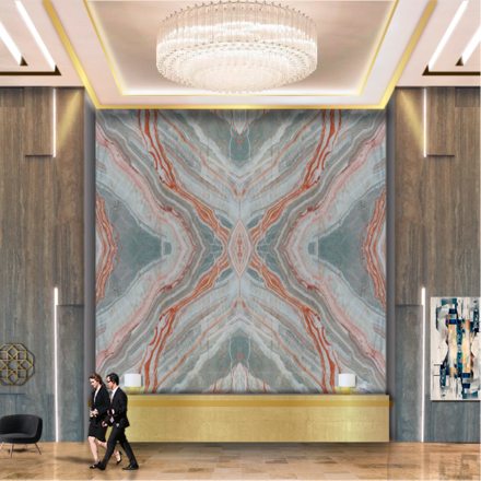 Onice Van Gogh je exkluzivní poloprůsvitný onyx, který je vhodný pro podsvícené stěny, desky stolů nebo výrobu šperků z přírodního kamene. Vizualizace velkoformátové podsvícené stěny. Zakázkové kamenictví TONE OF STONE.