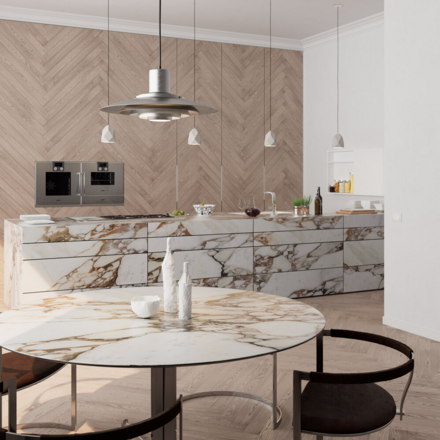 Vizualizace mramorového stolu a mramorového kuchyňského ostrůvku z přírodního kamene Calacatta Vagli Oro