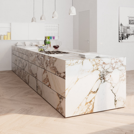 Vizualizace mramorového kuchyňského ostrůvku z přírodního kamene Calacatta Vagli Oro