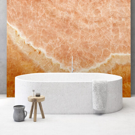 Vizualizace onyxov&eacute;ho obkladu stěny s použit&iacute;m př&iacute;rodn&iacute;ho kamene Onice Gioiello