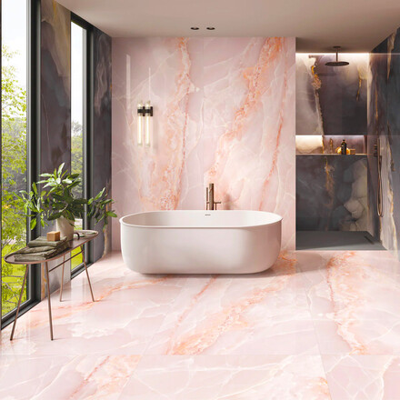 Onyxový obklad koupelny z růžového onyxu Onice Pink Onyxový obklad koupelny z růžového onyxu Onice Pink