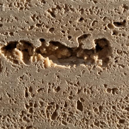 Detail skuliny na neošetřeném travertinu. Foceno v exteriéru při intenzivním slunci. Zakázkové kamenictví TONE OF STONE