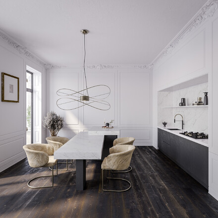 Kuchyňská deska s ostrůvkem z umělého kamene Calacatta Olympos v bílé barvě