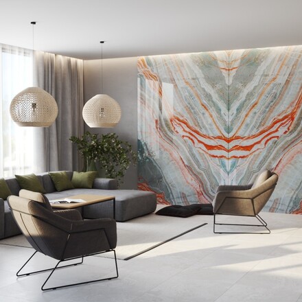 Vizualizace přírodního onyxu Onice Van Gogh v interiéru při denním světle.