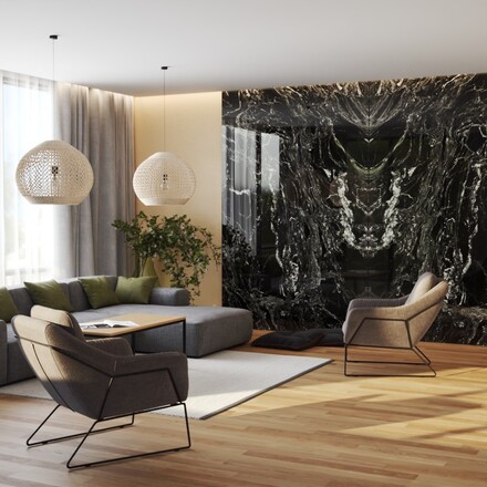 Obložení krbu a stěn přírodním kamenem Black Forest - vizualizace v konfigurátoru TONE OF STONE.