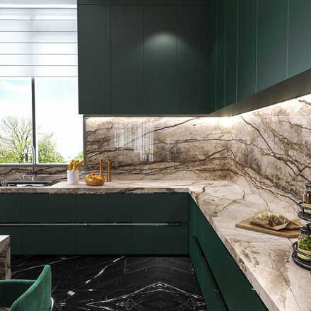 Inspirace - kamenná kuchyňská pracovní deska a zádový obklad přírodním kamenem Eldorado.