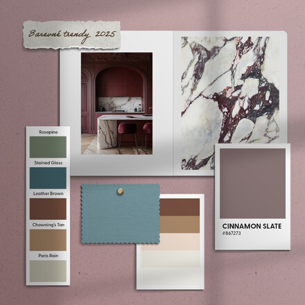 Moodboard - trendy interiérového designu pro rok 2025.